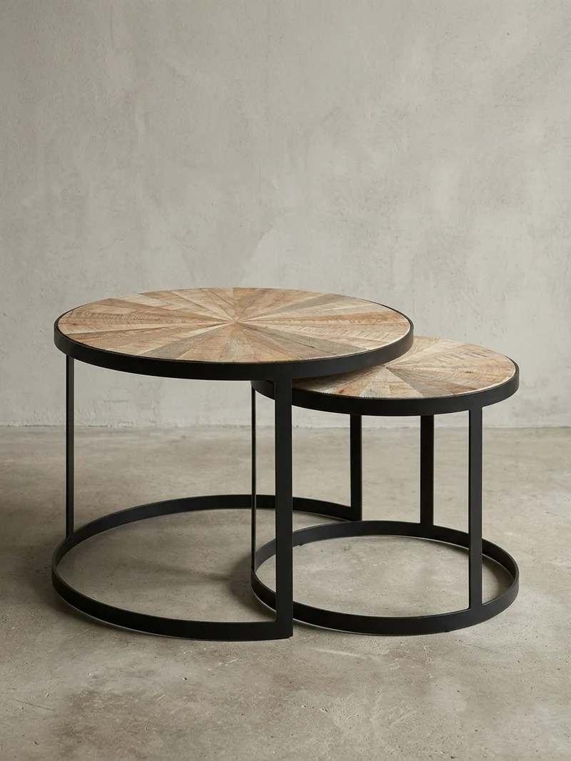 Couchtisch 2er Set Massivholz Metall Platzsparend Handgefertigt