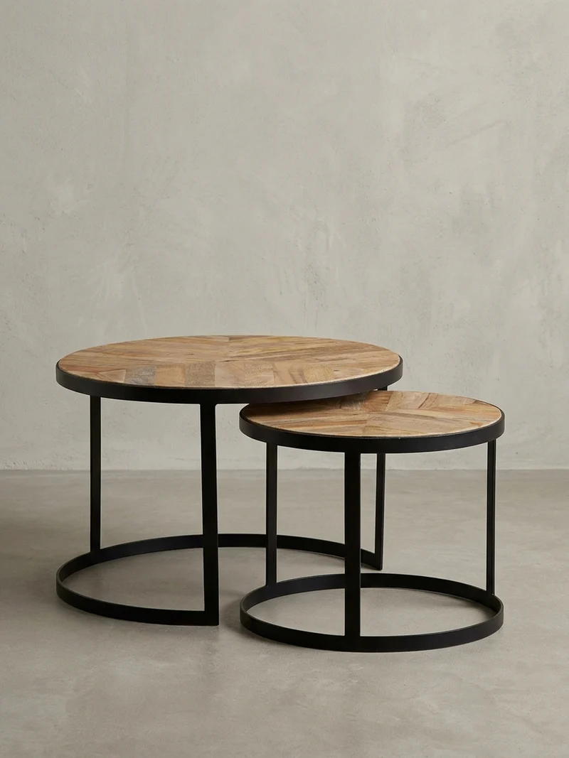 Couchtisch 2er Set Massivholz Metall Platzsparend Handgefertigt