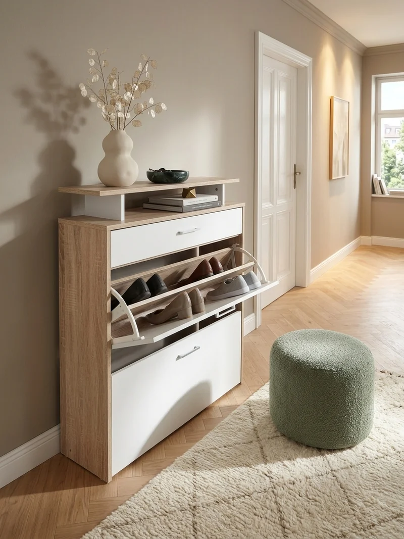 Schuhkipper – Sonoma Eiche, 4 Fächer, großzügige Ablage, MDF-Holz