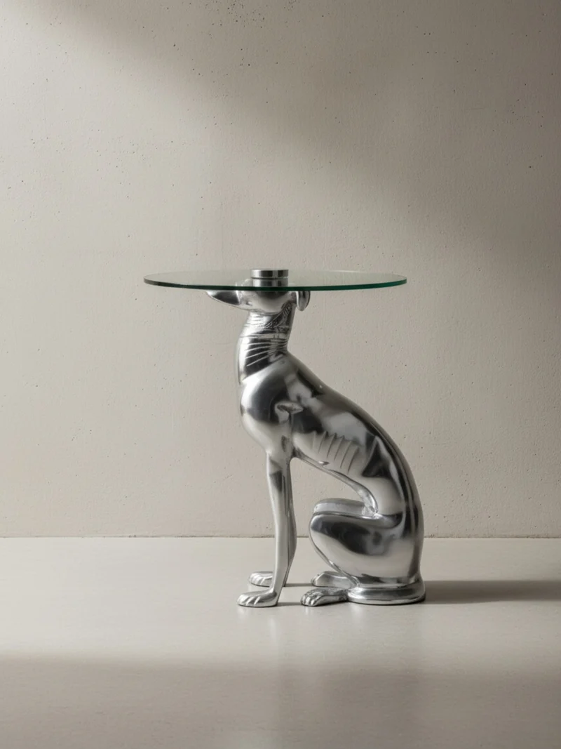 Beistelltisch – Aluminium Glas Silber Skulptur Windhund Ø 40 cm, Höhe 50 cm, handgefertigt