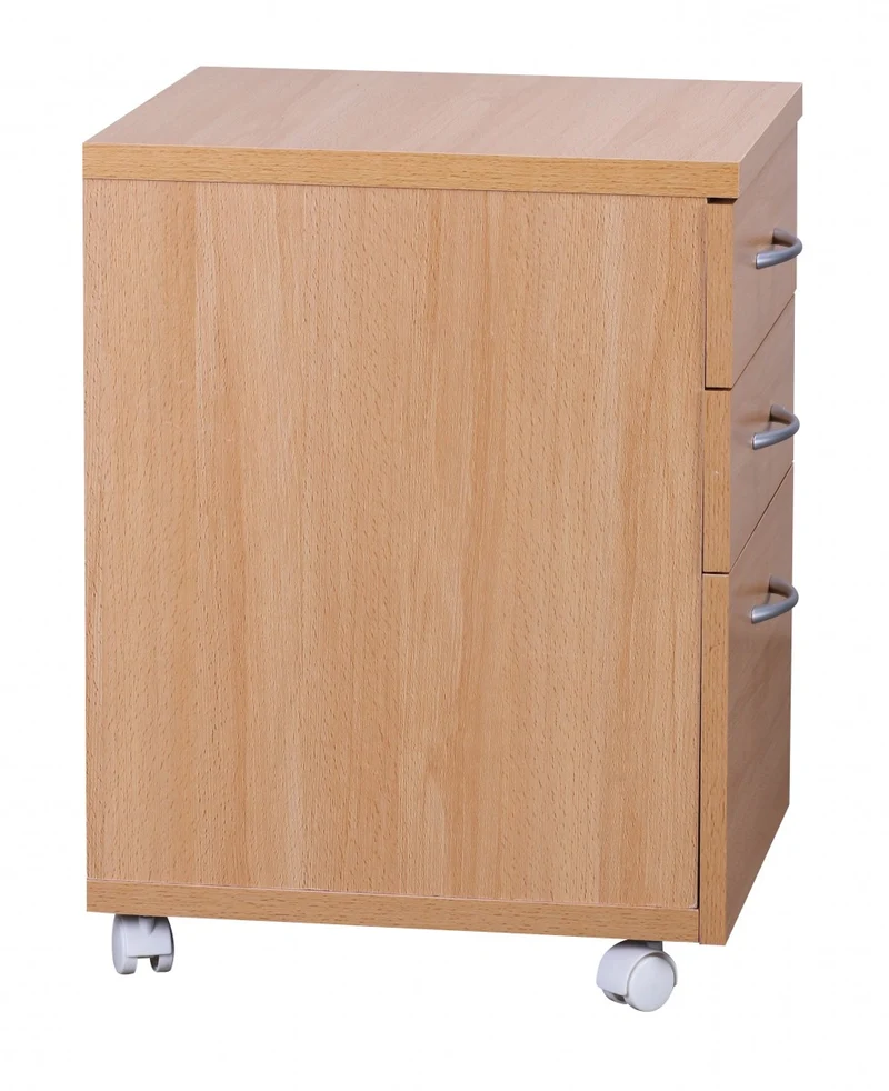 Rollcontainer – Buche, 60 cm hoch, 3 Schubladen, Aluminiumgriffe, Rollen