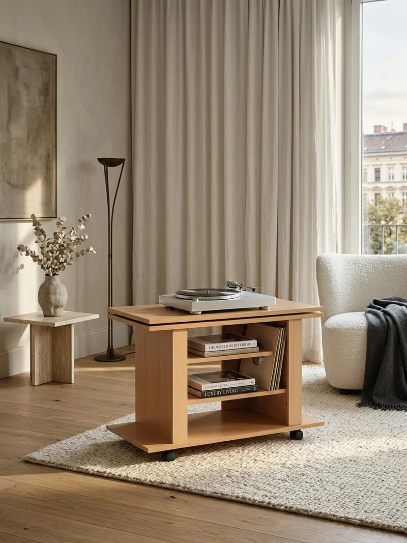 TV Board – Buchenholz drehbar rollbar 3 Ebenen