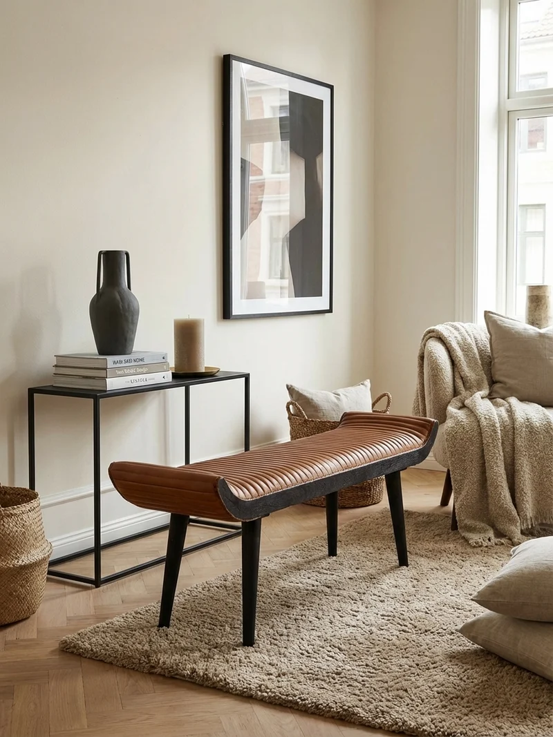 Sitzbank – Echtleder, 125x51x38 cm, Nietenrand, Massivholzbeine