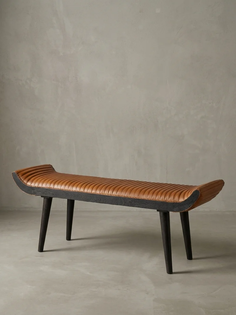 Sitzbank – Echtleder, 125x51x38 cm, Nietenrand, Massivholzbeine