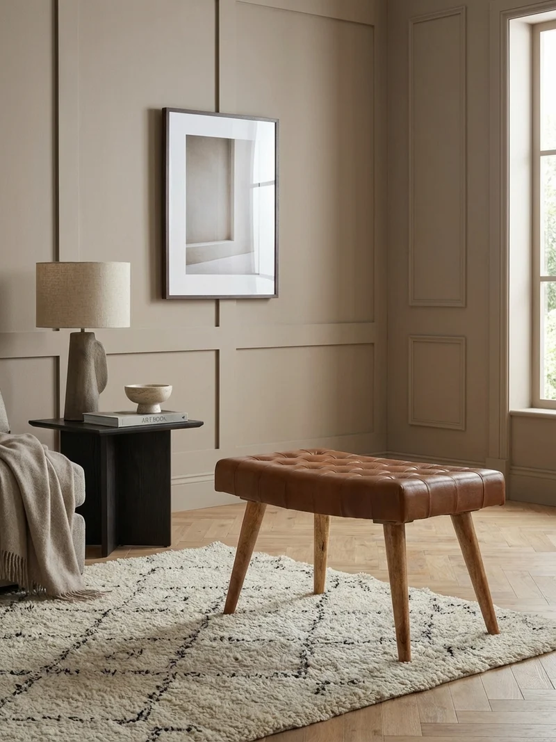 Sitzhocker – Echtleder/Naturholz, modern, 120 kg Belastbarkeit