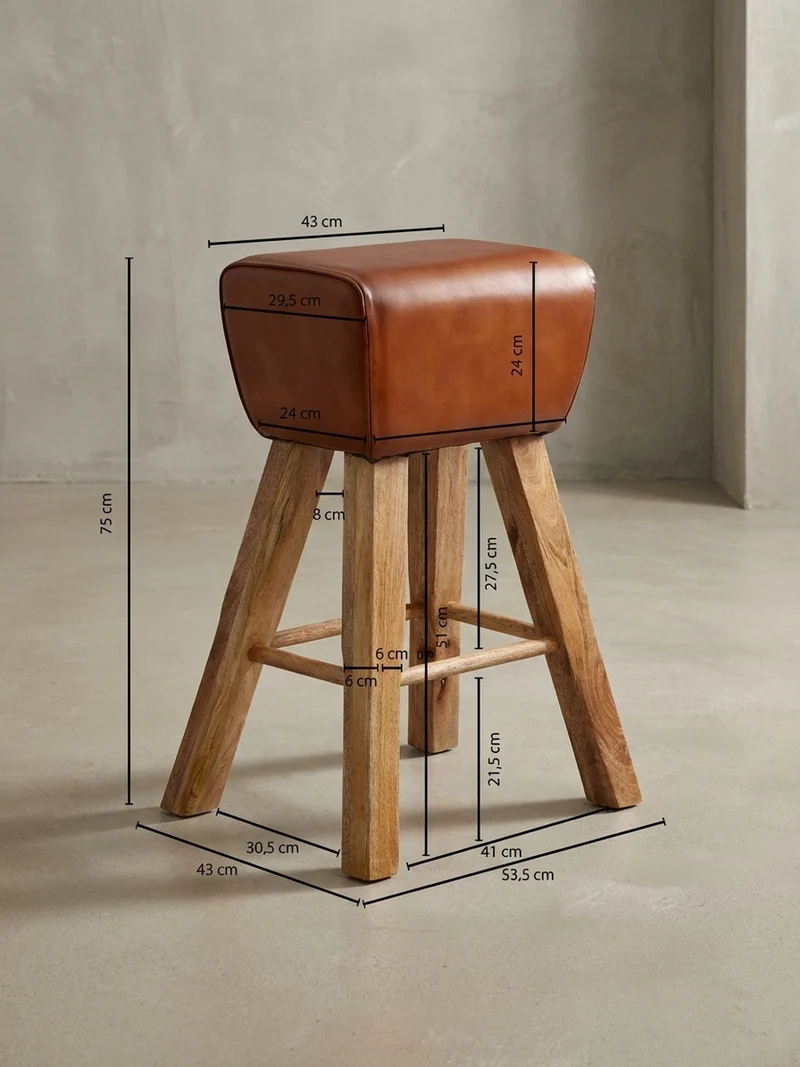 Barhocker – Ziegenleder und Mango Massivholz, Turnbock-Design, 43x75x43 cm, Dunkelbraun