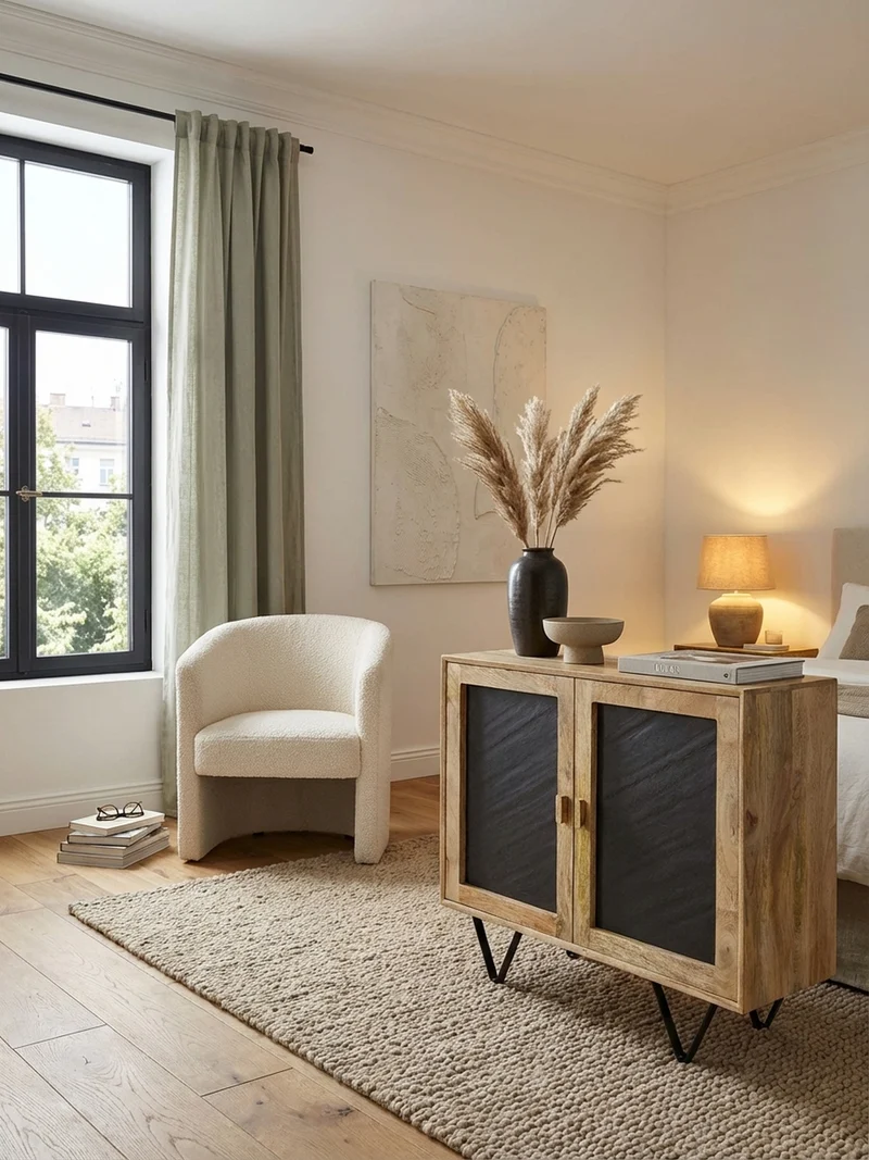 Sideboard – Mangoholz, 80x75x35 cm, mit Stauraum, anthrazitfarbene Türen