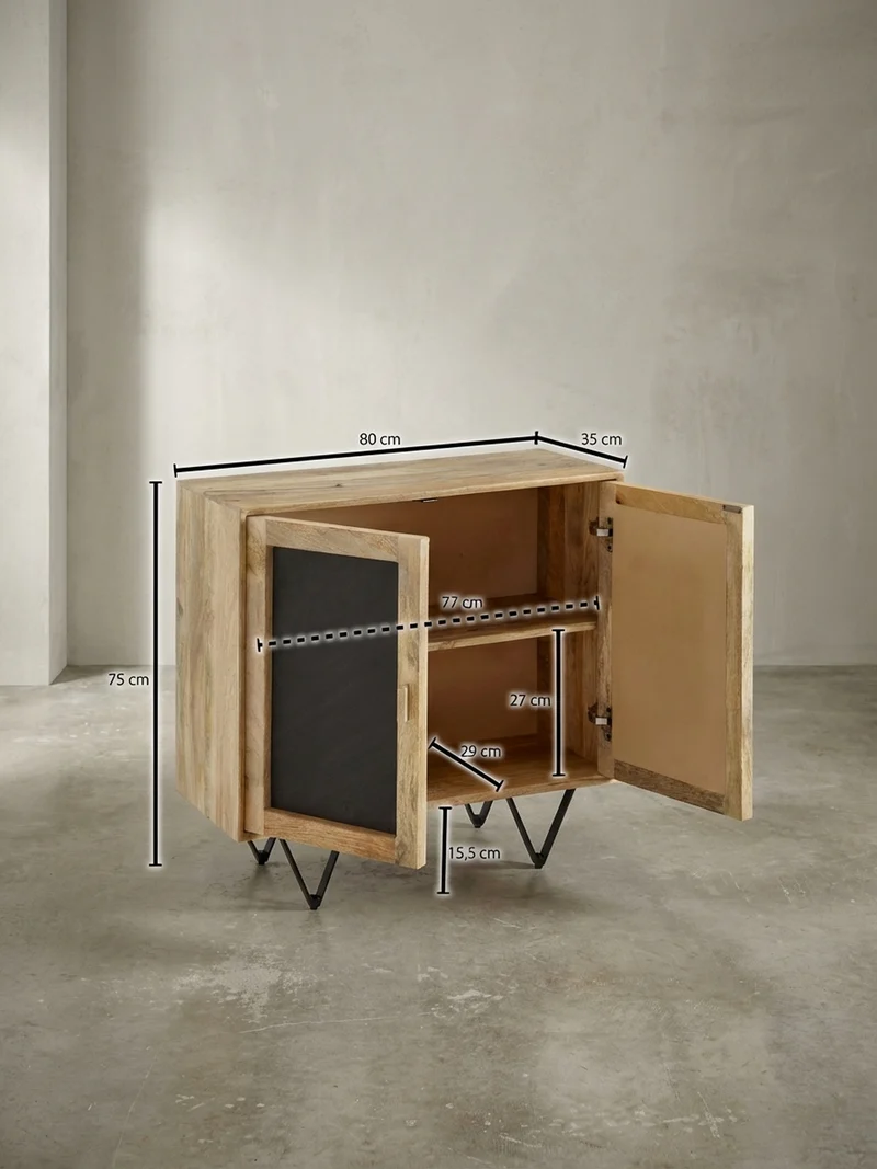 Sideboard – Mangoholz, 80x75x35 cm, mit Stauraum, anthrazitfarbene Türen