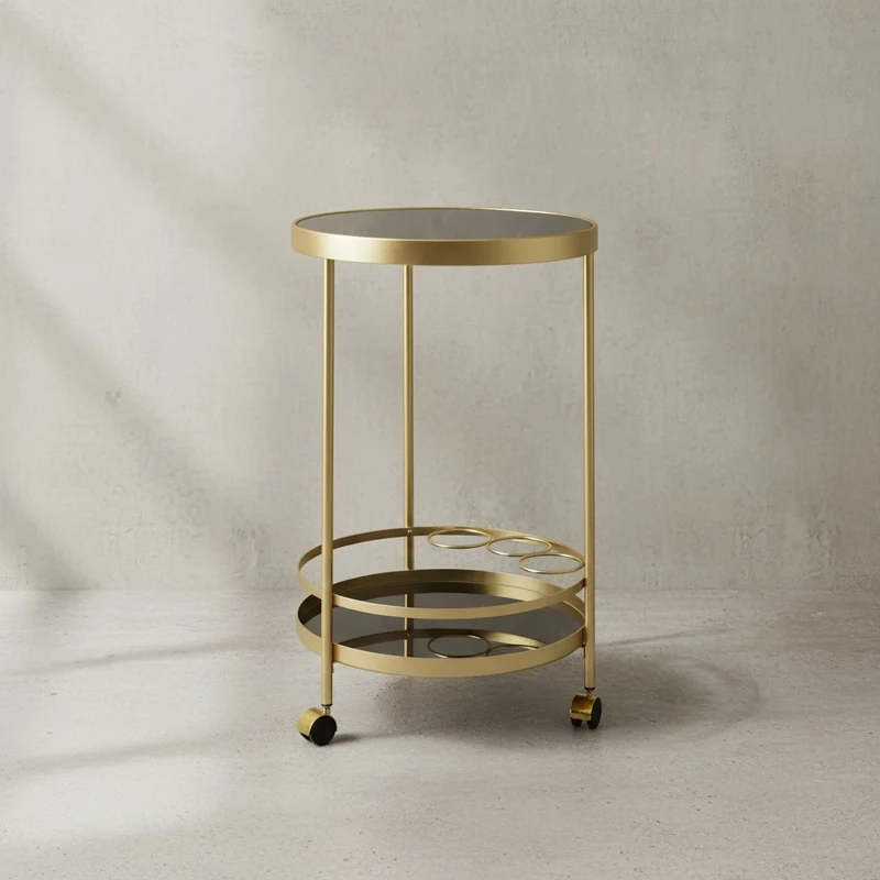 Servierwagen – Gold, Schwarzglas, auf Rollen
