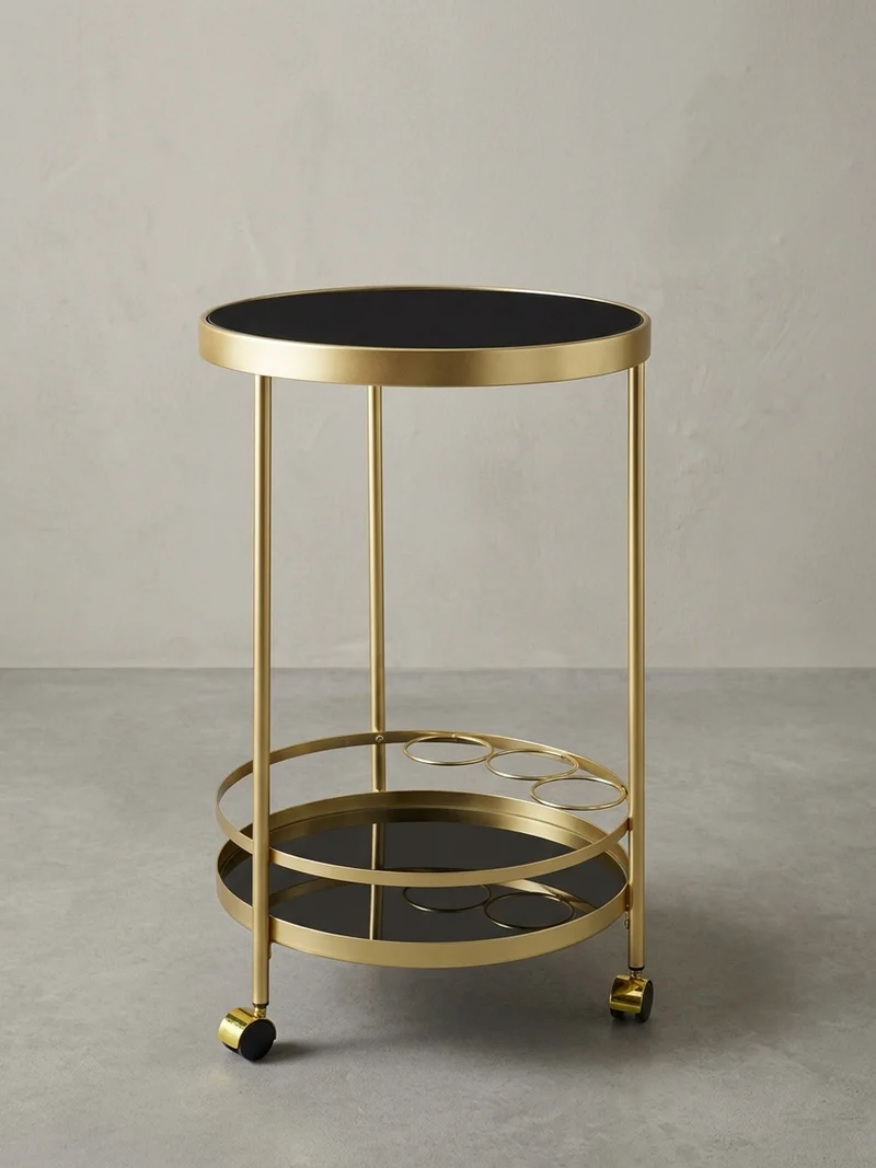 Servierwagen – Gold, Schwarzglas, auf Rollen