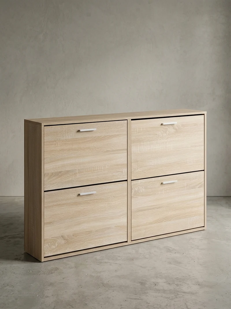 Schuhschrank Holz mit 4 Klappen und großer Ablage