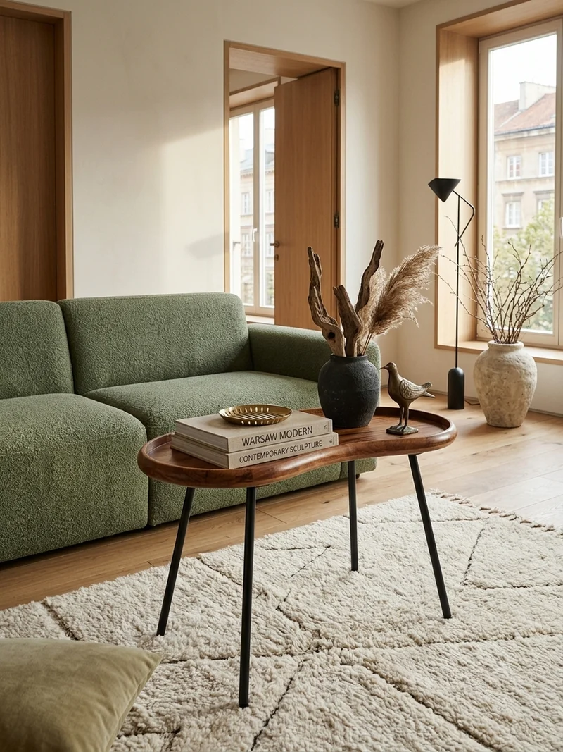 Couchtisch Massivholz mit Metallbeinen, Nierenform, Handgefertigt