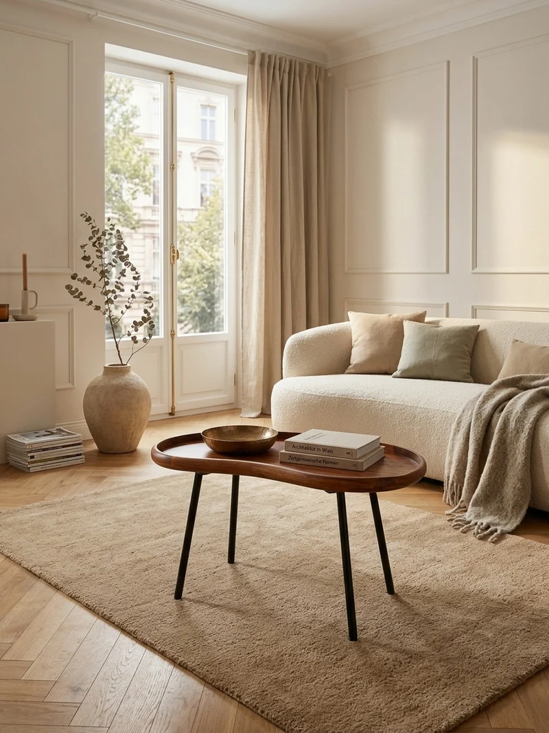 Couchtisch Massivholz mit Metallbeinen, Nierenform, Handgefertigt