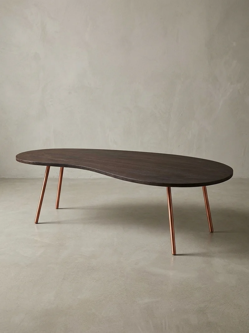 Couchtisch Retro-Stil mit Nierenform, Massivholz, Metallbeine, pflegeleichte Tischplatte