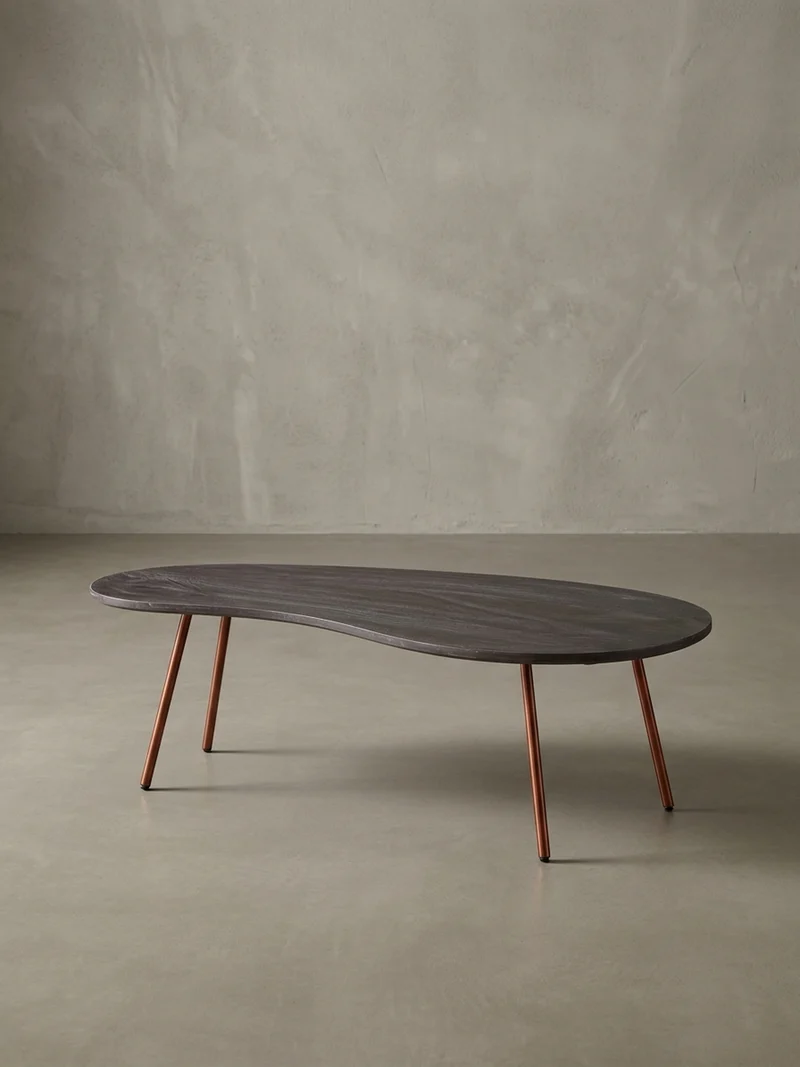 Couchtisch Retro-Stil mit Nierenform, Massivholz, Metallbeine, pflegeleichte Tischplatte