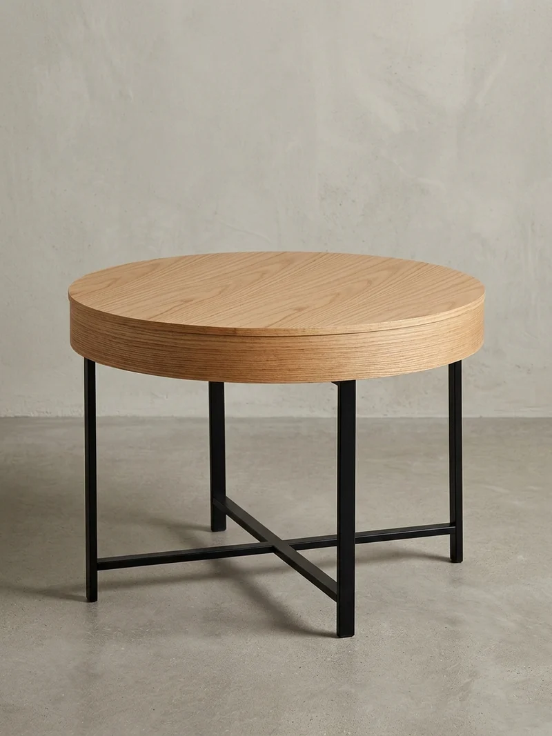 Couchtisch in Holzoptik mit Metallbeinen, Rund, Stauraumfunktion, Maße 69x49x69 cm, Industrial-Stil