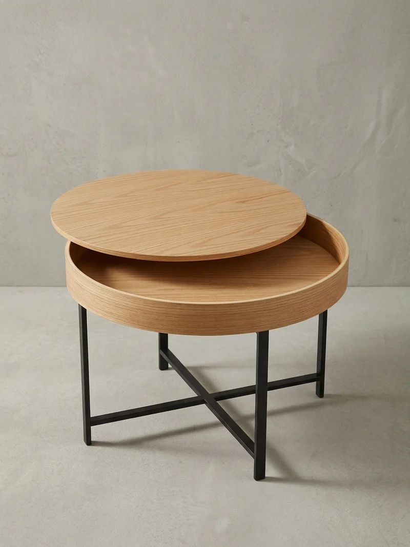 Couchtisch in Holzoptik mit Metallbeinen, Rund, Stauraumfunktion, Maße 69x49x69 cm, Industrial-Stil