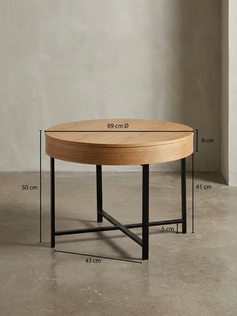 Couchtisch in Holzoptik mit Metallbeinen, Rund, Stauraumfunktion, Maße 69x49x69 cm, Industrial-Stil