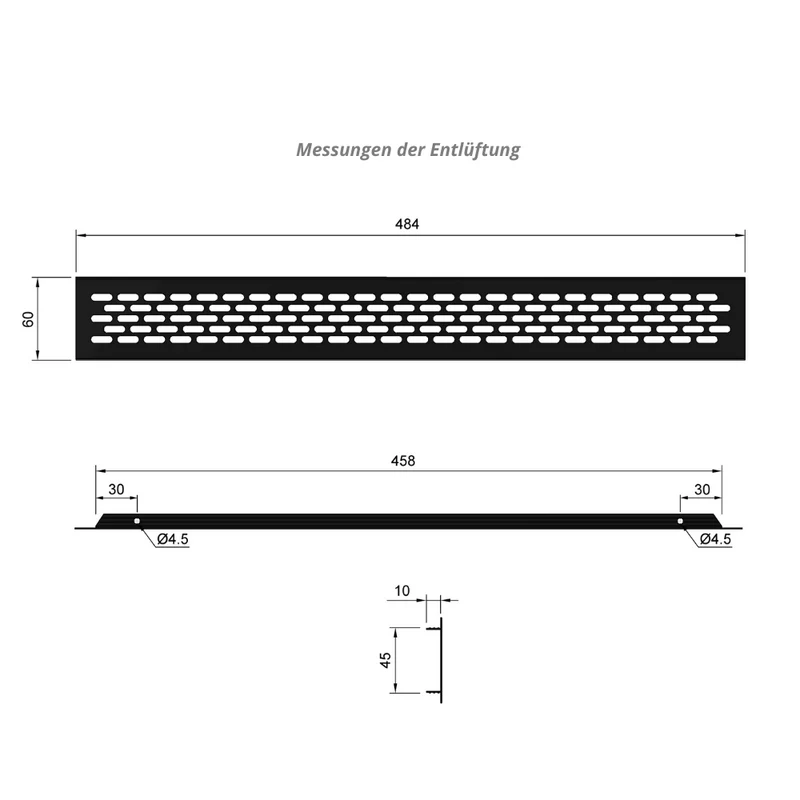 Aluminium-Lüftungsgitter für Küchenarbeitsplatten / Sockel, 484x60mm Schwarz