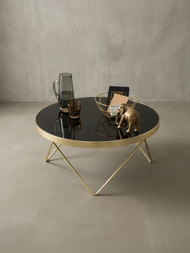 Beistelltisch Schwarz Glasplatte Goldene Beine Retro-Stil 82cm Durchmesser