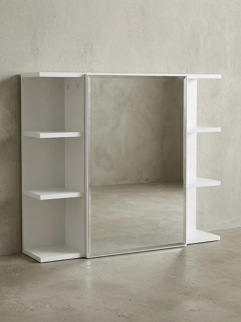 Hängeschrank Weiß aus Spanplatte mit Spiegel und seitlichen Ablagen 80x64,5x20 cm