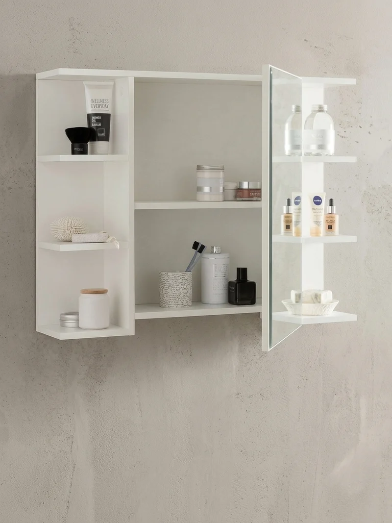 Hängeschrank Weiß aus Spanplatte mit Spiegel und seitlichen Ablagen 80x64,5x20 cm
