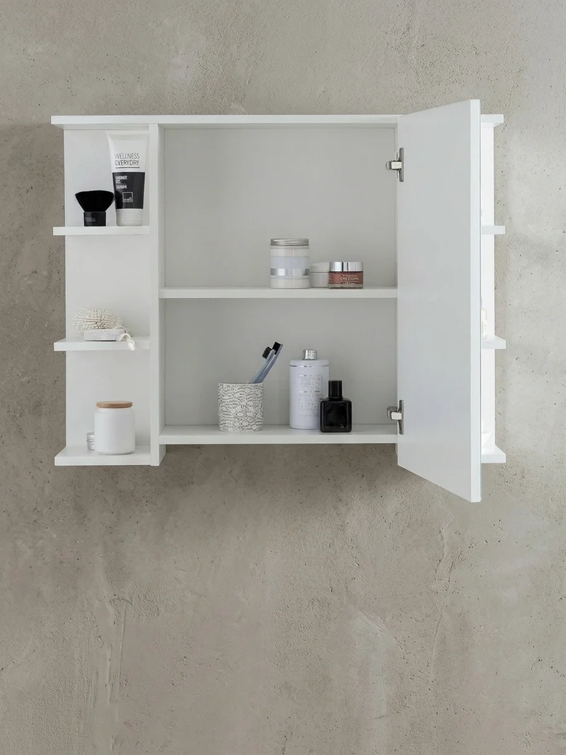 Hängeschrank Weiß aus Spanplatte mit Spiegel und seitlichen Ablagen 80x64,5x20 cm