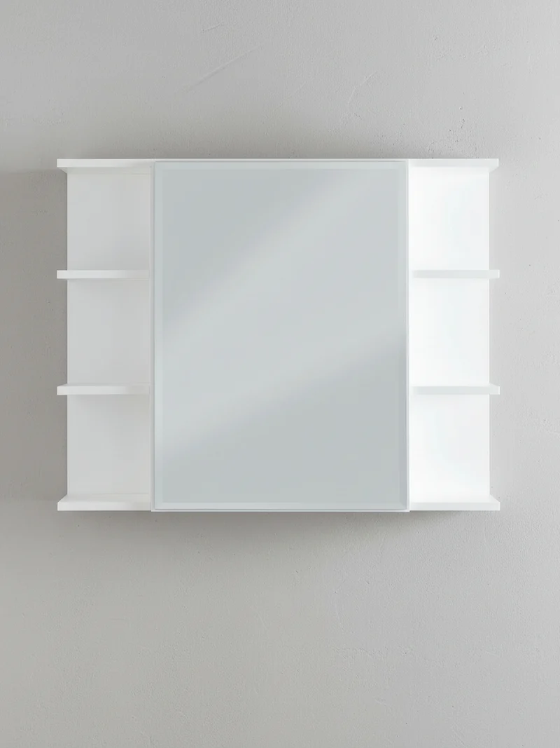Hängeschrank Weiß aus Spanplatte mit Spiegel und seitlichen Ablagen 80x64,5x20 cm
