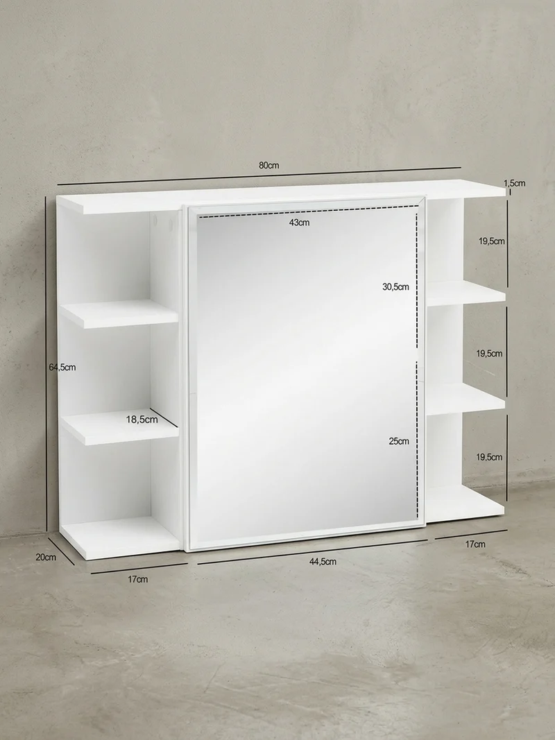 Hängeschrank Weiß aus Spanplatte mit Spiegel und seitlichen Ablagen 80x64,5x20 cm