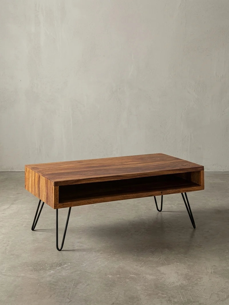 Couchtisch Sheeshamholz Schwarz, Pulverbeschichtet mit Ablagefach, Maße 100x40x50 cm