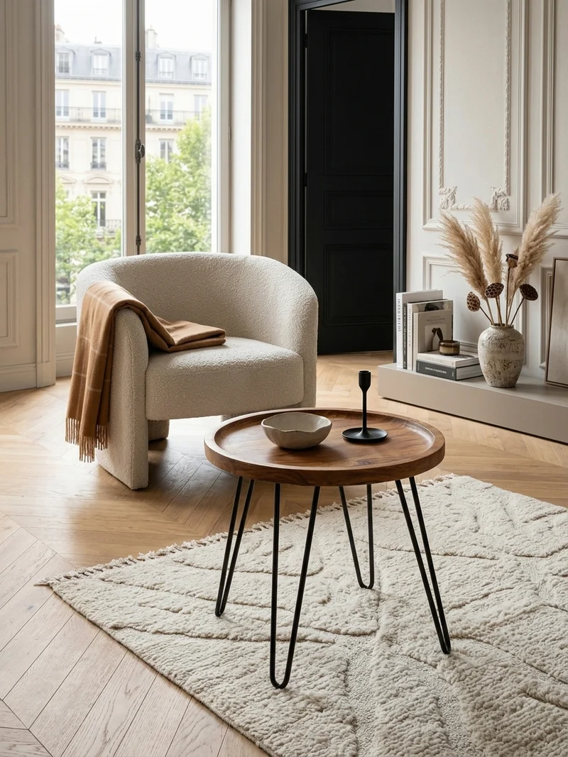 Couchtisch in Braun, Sheeshamholz mit Haarnadelbeinen, Modernes Design
