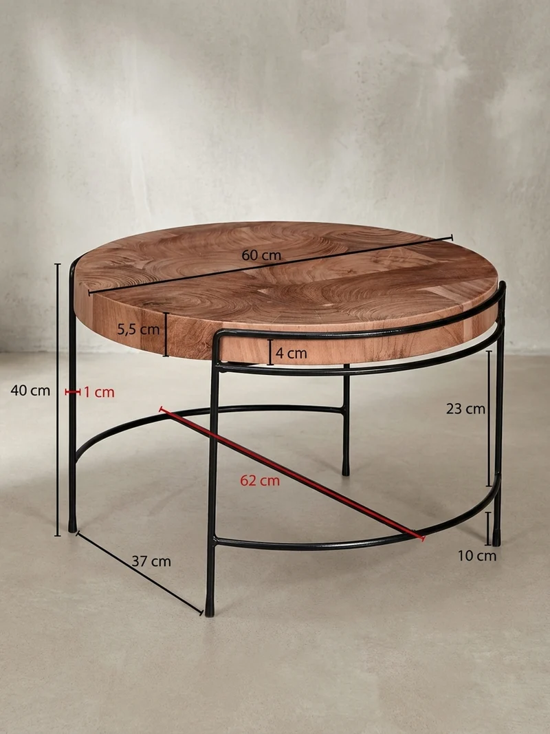 Couchtisch Industrial, Akazienholz Mattschwarz Metallgestell, 62x40x62 cm