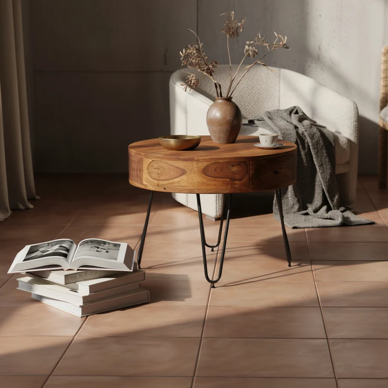 Couchtisch Sheesham-Massivholz Schwarz, Metallbeine, Handgefertigt, Mit Schubladen