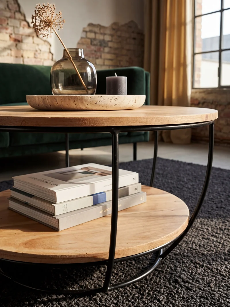 Couchtisch Industrial, Akazienholz mit schwarzen Edelstahlbeinen, handgefertigt
