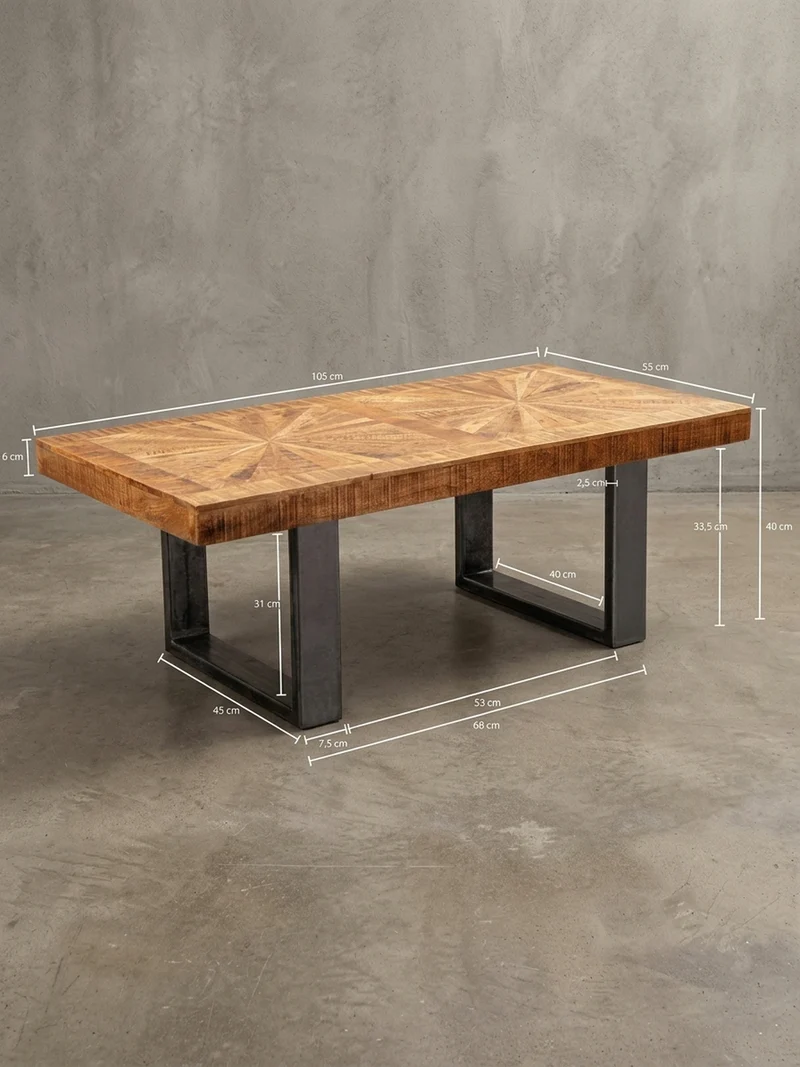 Couchtisch Mangoholz in Rustikalem Stil mit Metallbeinen, Maße 105x40x55 cm, Traglast 50 kg