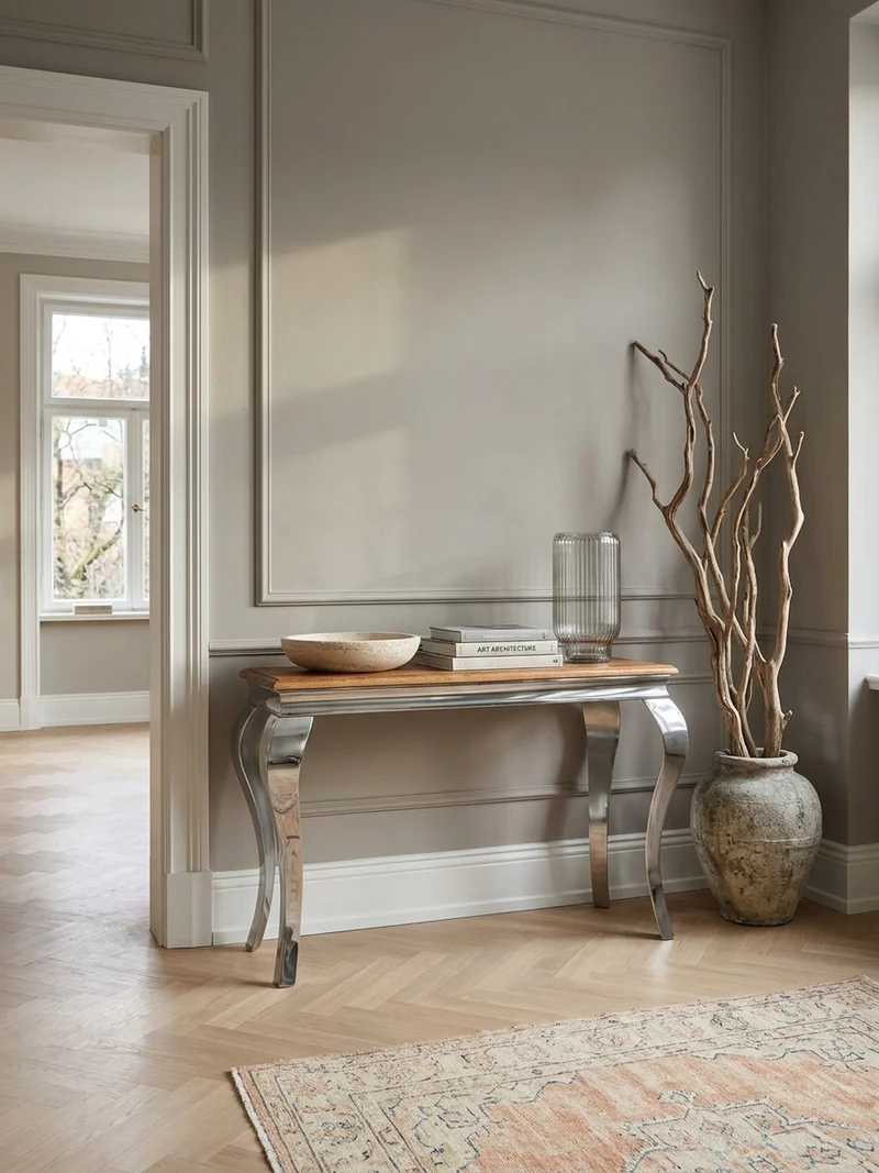 Konsolentisch – Massivholz, 130 cm breit, silberne Beine, 2,5 cm Plattendicke