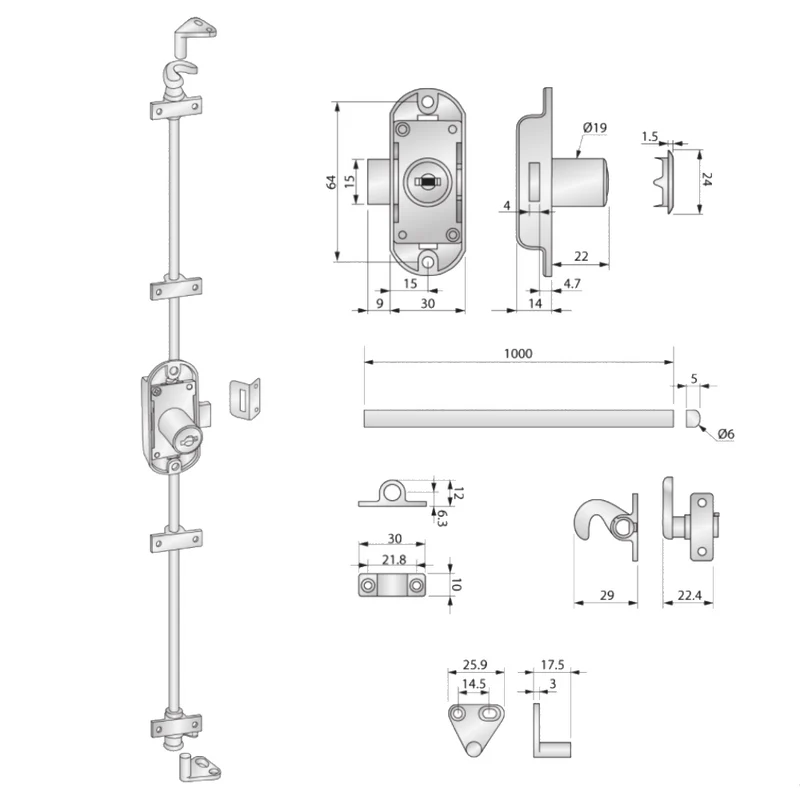 Schubstangenschloss 19x22mm, 2 Stäbe L-1000mm, Nickel
