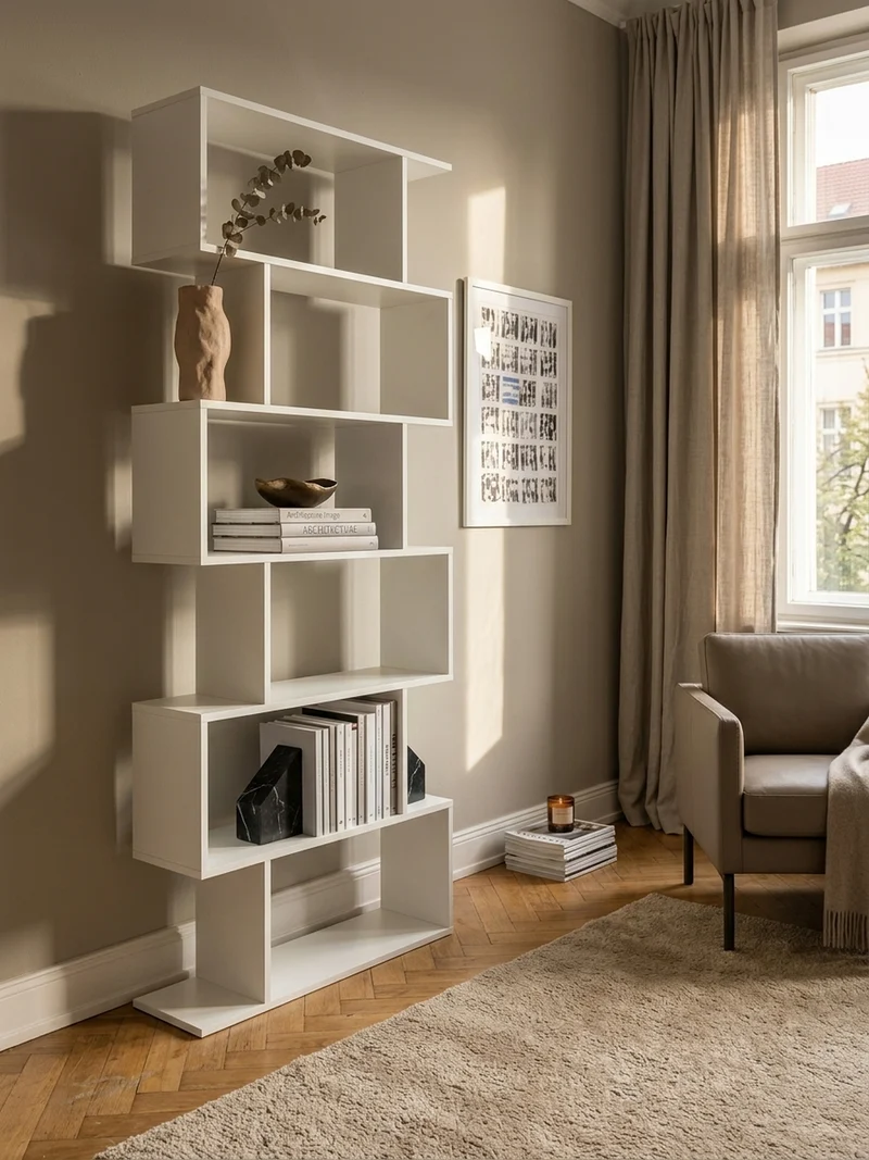 Bücherregal – Zickzack, Mattweiß, 6 Fächer, Anti-Rutsch-Noppen