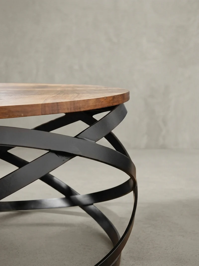 Couchtisch Industrial, Braun, Massives Holz und Metall, Modernes Design, Komplett Montiert