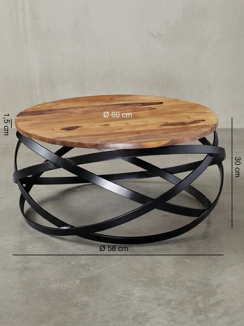 Couchtisch Industrial, Braun, Massives Holz und Metall, Modernes Design, Komplett Montiert