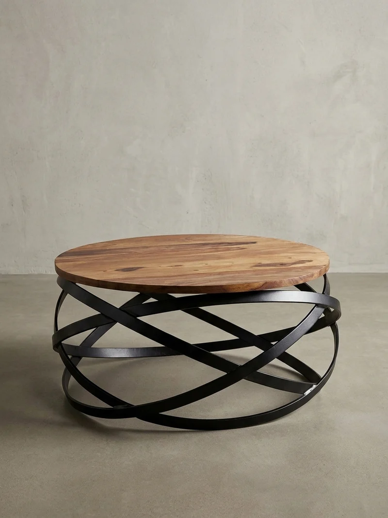 Couchtisch Industrial, Braun, Massives Holz und Metall, Modernes Design, Komplett Montiert