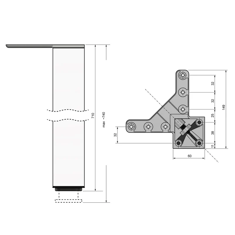 Quadratisches Tischbein 71 cm hoch - Weiss, ZnAl Montageplatte