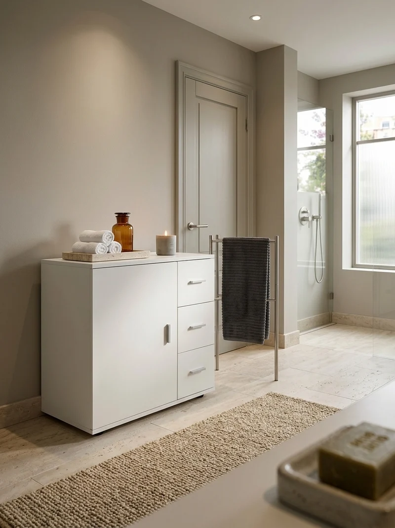 Badschrank Weiß 60x65,5x33 cm mit großem Stauraum in matter Ausführung
