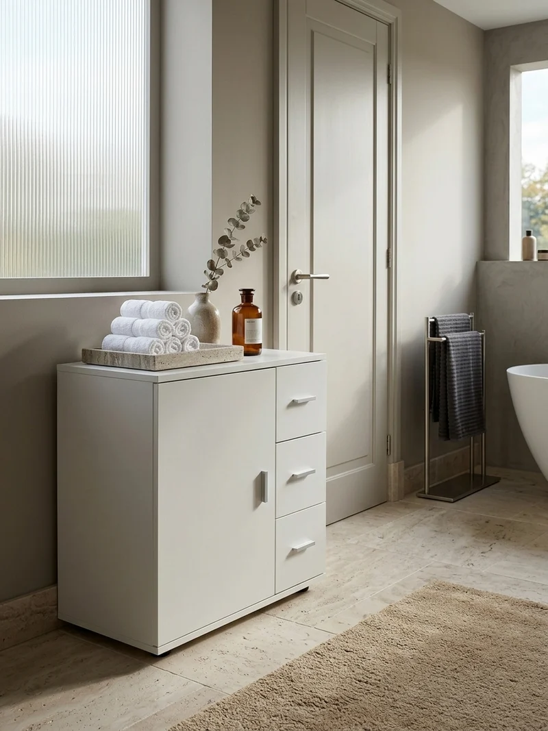 Badschrank Weiß 60x65,5x33 cm mit großem Stauraum in matter Ausführung