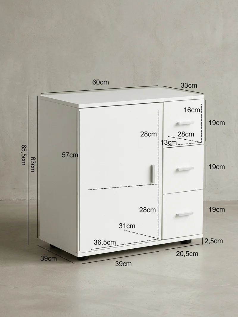 Badschrank Weiß 60x65,5x33 cm mit großem Stauraum in matter Ausführung