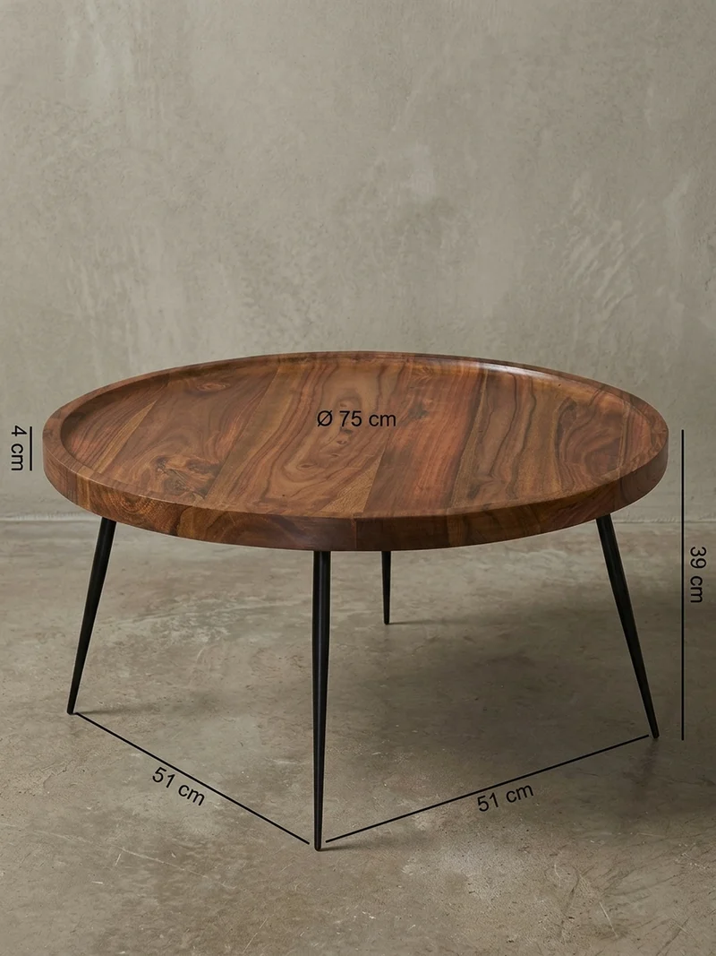 Couchtisch Industrial-Stil Rund, Holzplatte und Metallbeine, Handgefertigt, Pflegeleicht