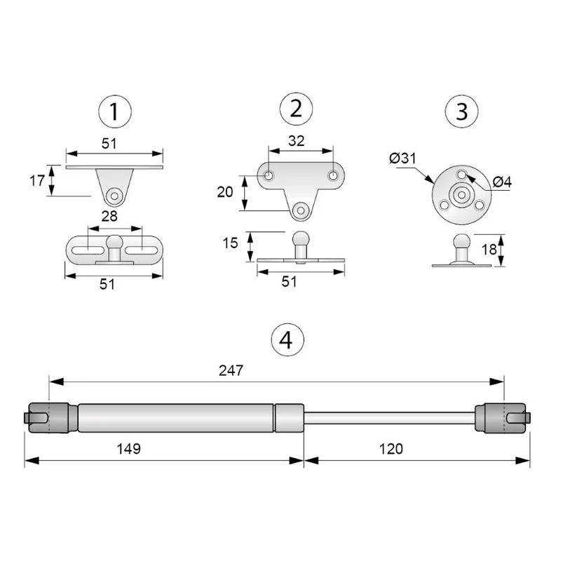 Gasdruckdämpfer Silber 250mm - 80N