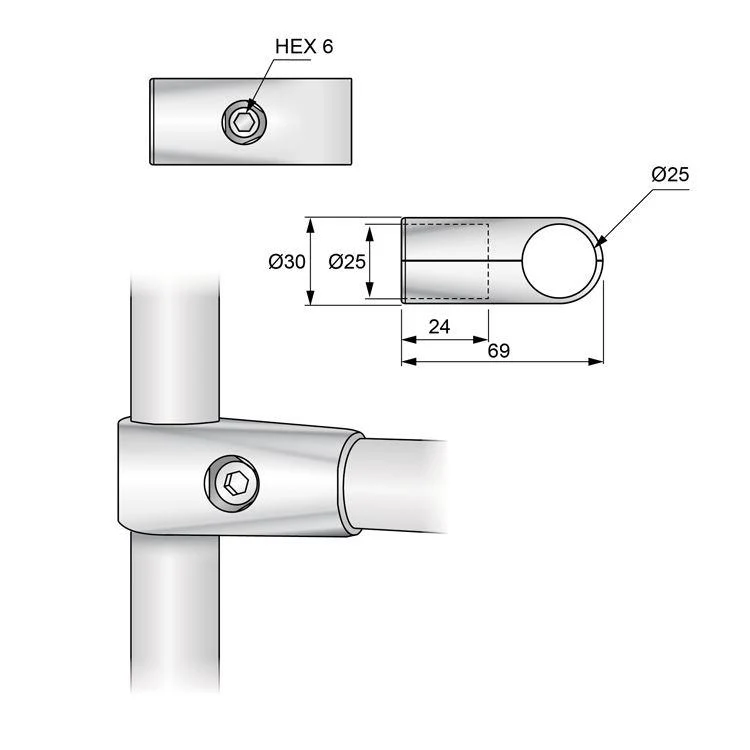 25mm Rohrverbinder Trennwandhalter, Chrom