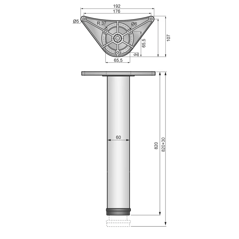 Tischbein 82 cm hoch - ZnAl Montageplatte - Aluminium