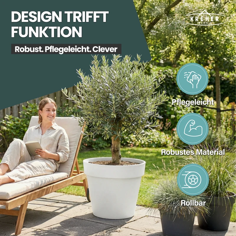 2 x XL Pflanzkübel / Pflanztopf „LIKE“ Ø 58 x H 51 cm - Weiß - Rund, Rollbar - in Natur Stein Optik
